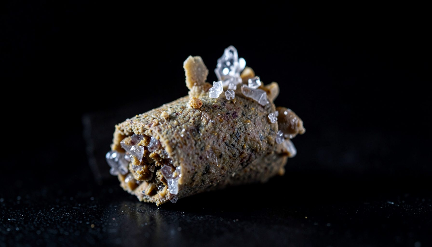 Infused pre-rolls with visible crystalline concentrate on the exterior, dark background with dramatic side lighting emphasizing texture