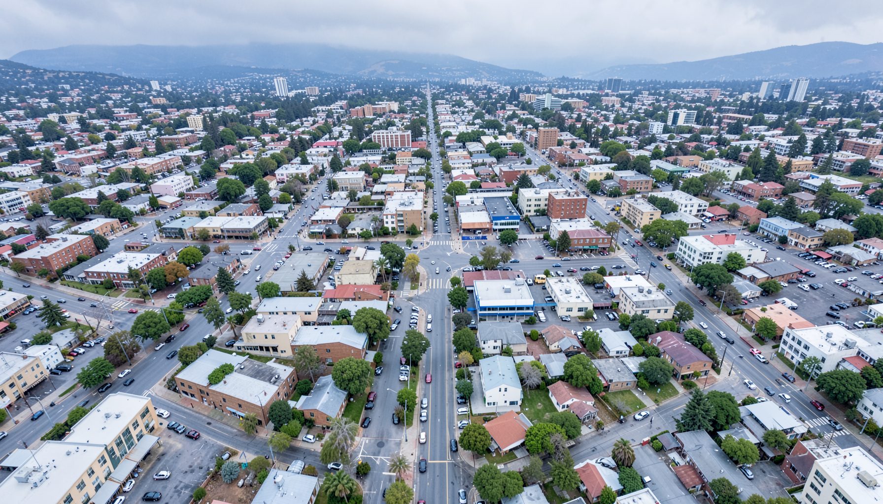 Aerial-style map view of downtown Eureka, California, with muted blue-gray streets and soft green tree cover under overcast skies