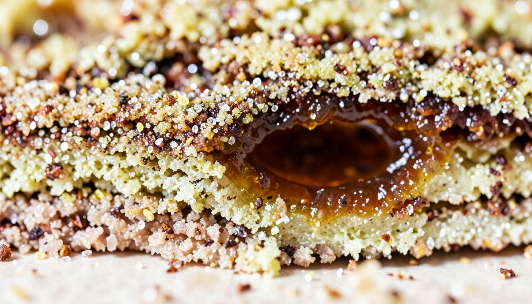 A close-up cross-section of a pre-roll showing layered textures of ground flower, a glossy distillate core, and sparkling concentrate
