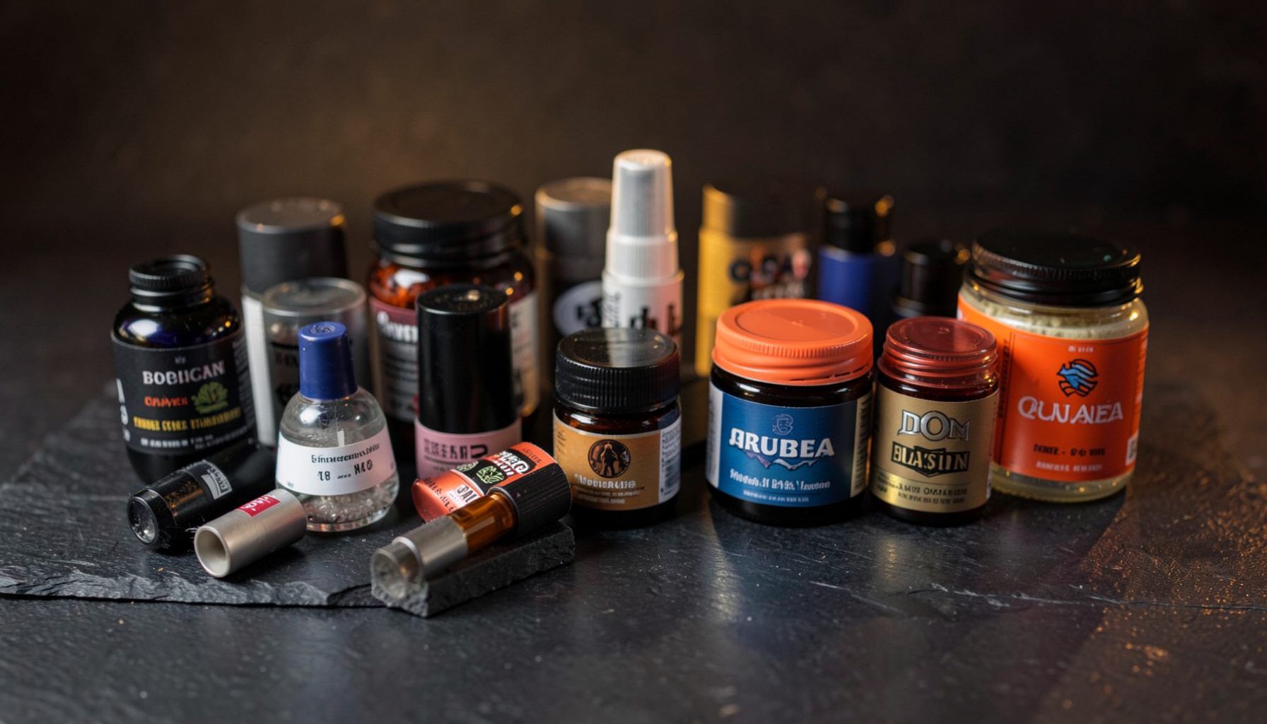 Assortment of vape cartridges and concentrate jars from multiple brands, arranged on a dark slate surface with warm accents