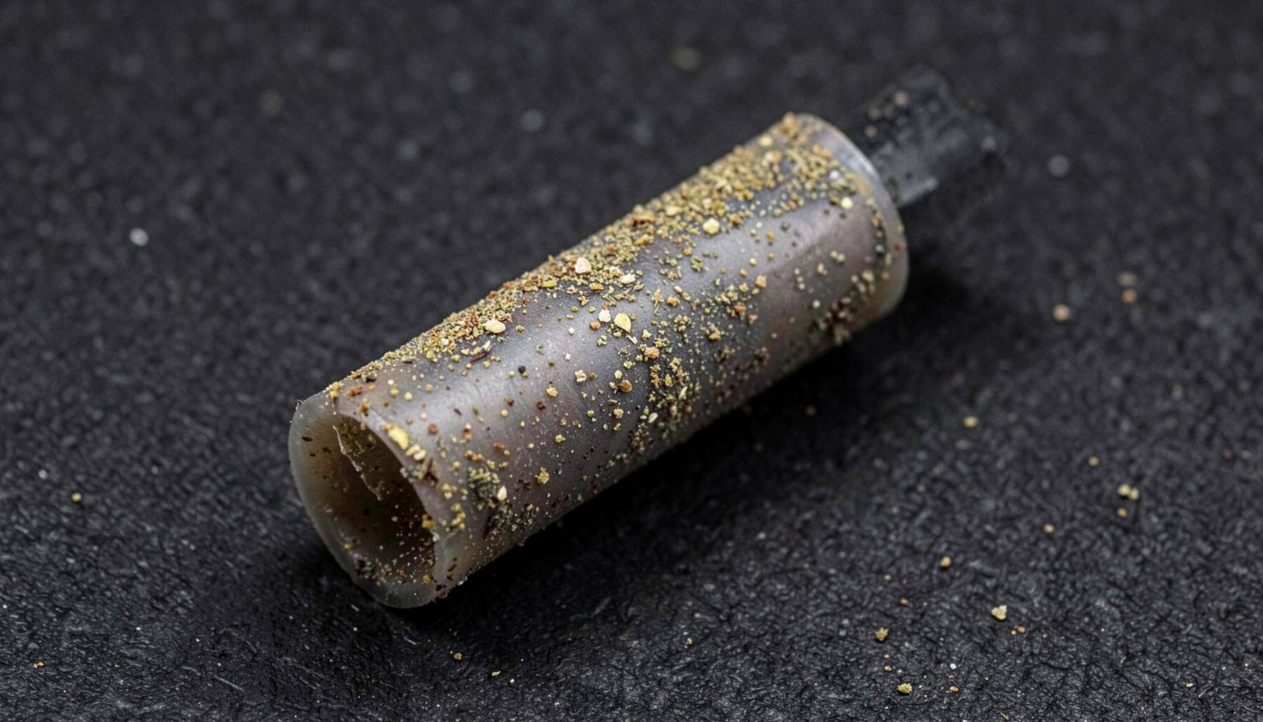 A Baby Cannon pre-roll with visible kief coating, placed diagonally across a dark textured background