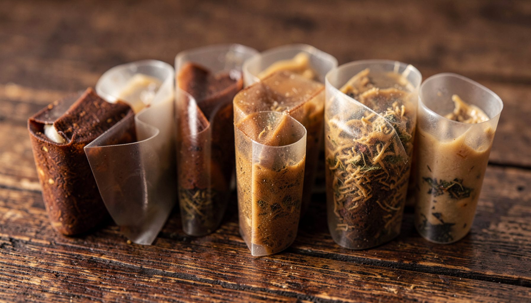 Several pre-roll tubes lined up on a wooden table, with rich earthy browns and soft golden highlights, suggesting a curated selection