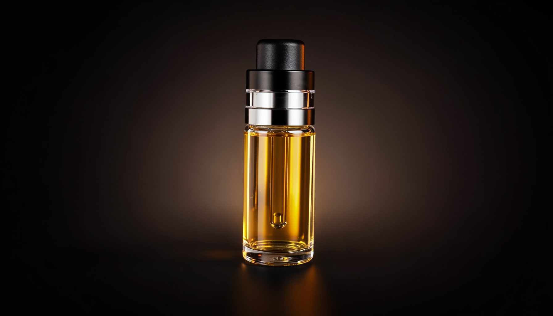 Sleek glass vape cartridge with golden amber cannabis oil, set against a dark gradient background with warm highlights
