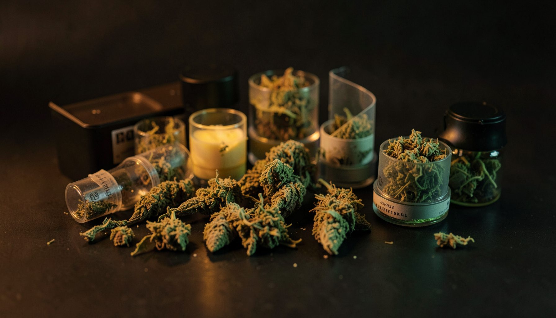 Assorted cannabis products arranged on a dark surface with warm amber and deep green tones, soft overhead lighting