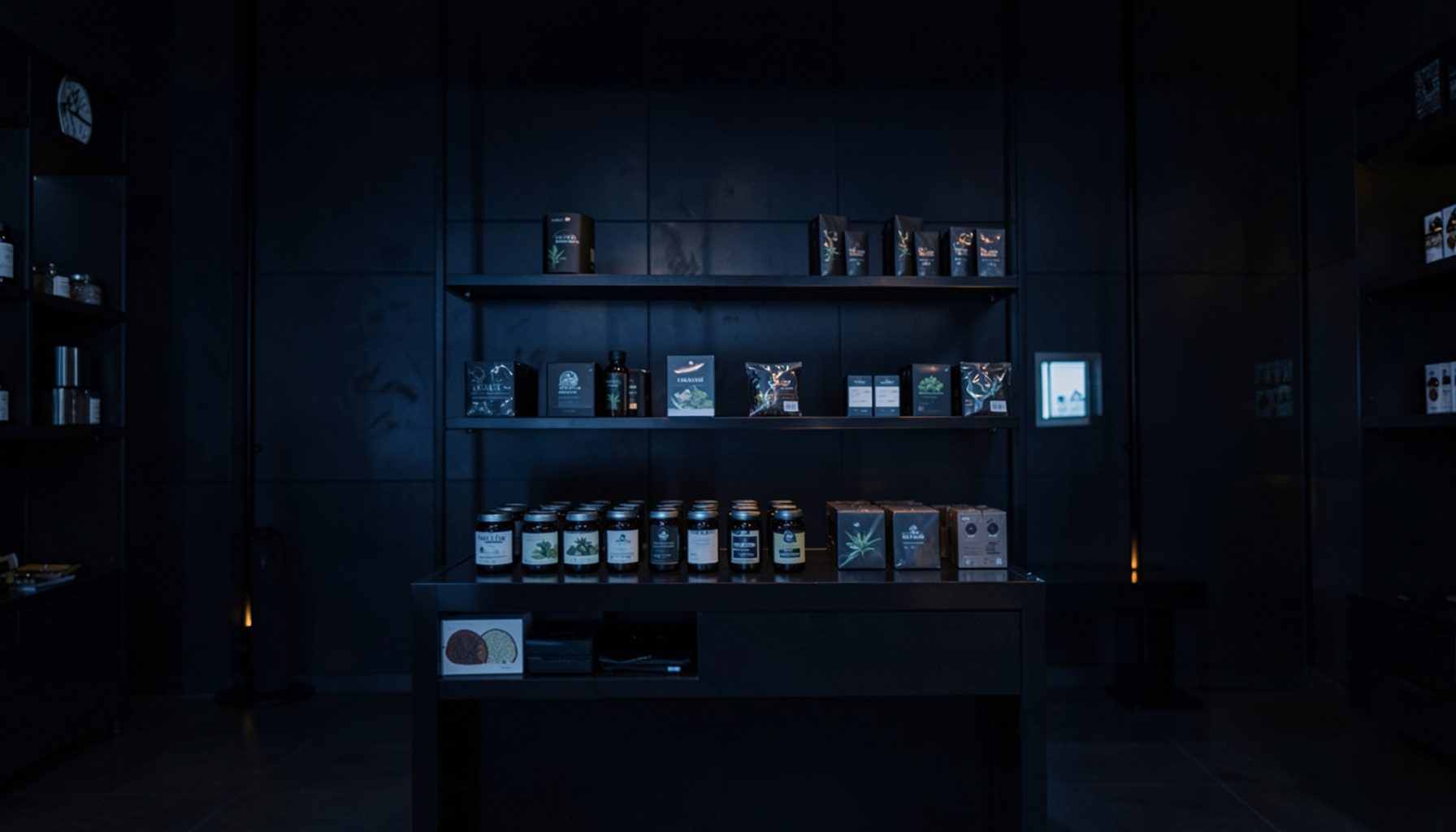 Dark atmospheric cannabis retail backdrop with deep blue and charcoal tones, subtle warm amber highlights, and a clean modern retail feel