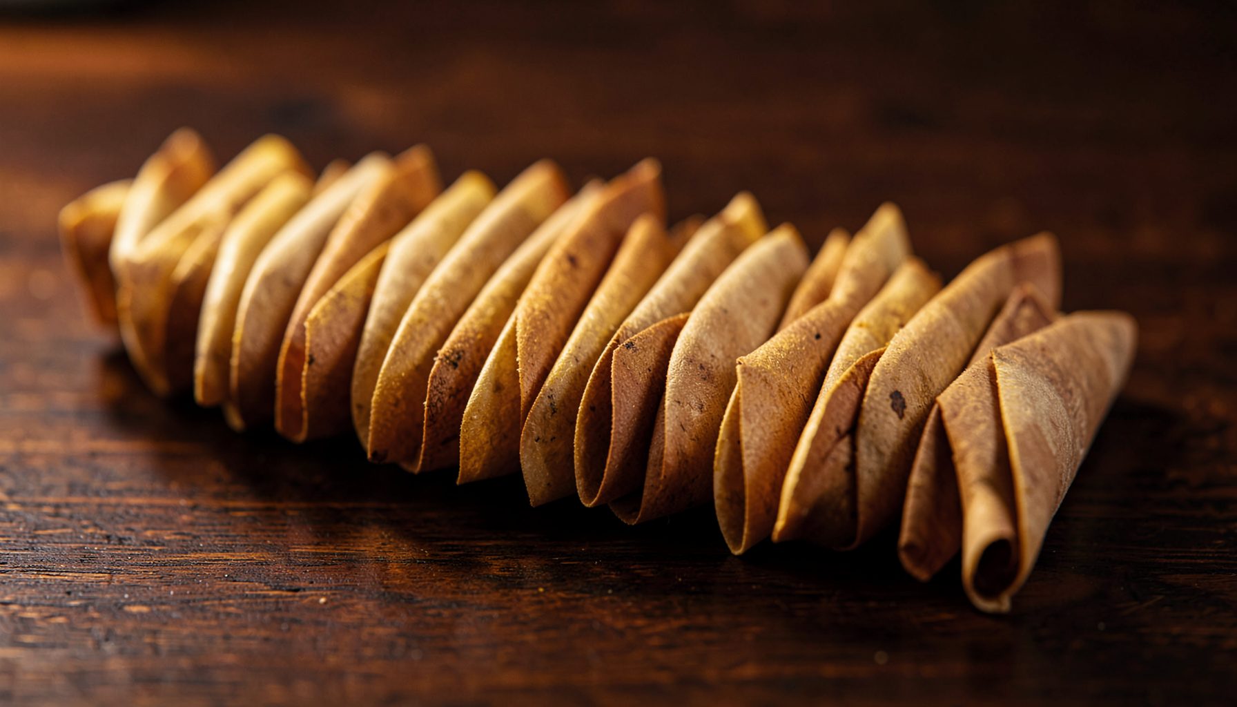 A row of tightly rolled pre-roll cones with golden tips resting on a dark wooden surface, warm amber and deep brown tone