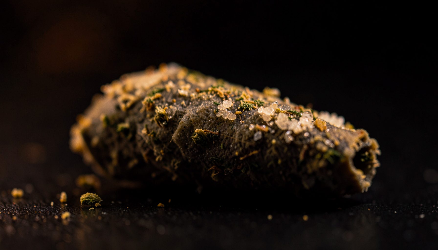 A close-up of a cannabis infused pre-roll with crystalline concentrate visible on the exterior, set against a dark moody background